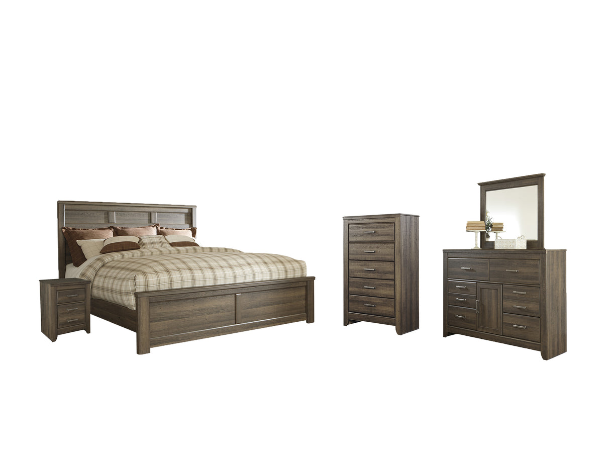 Juararo California King Panel Bed with Mirrored Dresser, Chest and Nightstand in Dark Brown from Ashley Furniture - Luna Furniture