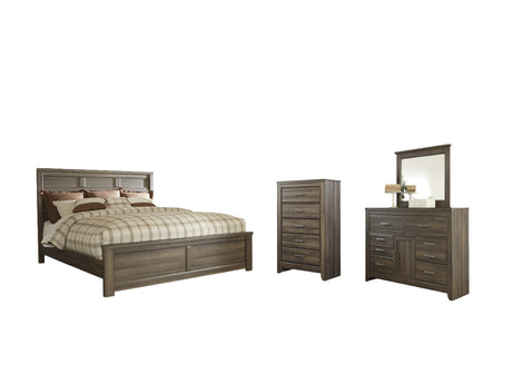 Juararo California King Panel Bed with Mirrored Dresser and Chest in Dark Brown from Ashley - Luna Furniture