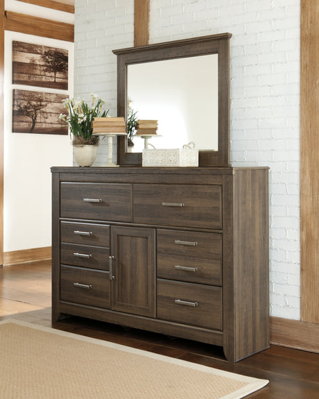 Juararo California King Panel Bed with Mirrored Dresser and Chest in Dark Brown from Ashley - Luna Furniture