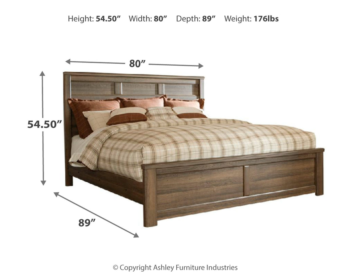Juararo California King Panel Bed with Mirrored Dresser and Chest in Dark Brown from Ashley Furniture - Luna Furniture