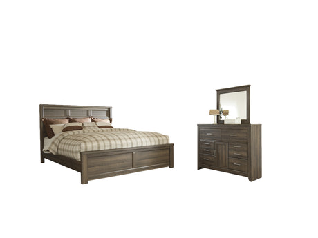 Juararo California King Panel Bed with Mirrored Dresser in Dark Brown from Ashley - Luna Furniture