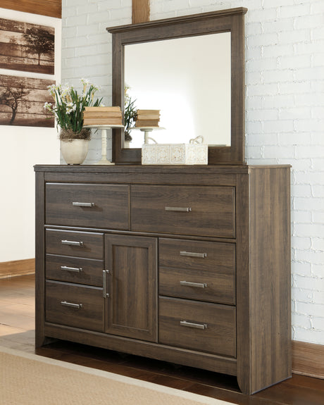 Juararo California King Poster Bed with Mirrored Dresser, Chest and 2 Nightstands in Dark Brown from Ashley - Luna Furniture