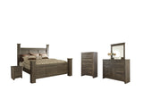 Juararo California King Poster Bed with Mirrored Dresser, Chest and Nightstand in Dark Brown from Ashley - Luna Furniture