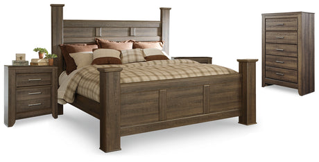 Juararo Dark Brown King Poster Bed, Chest and 2 Nightstands from Ashley - Luna Furniture
