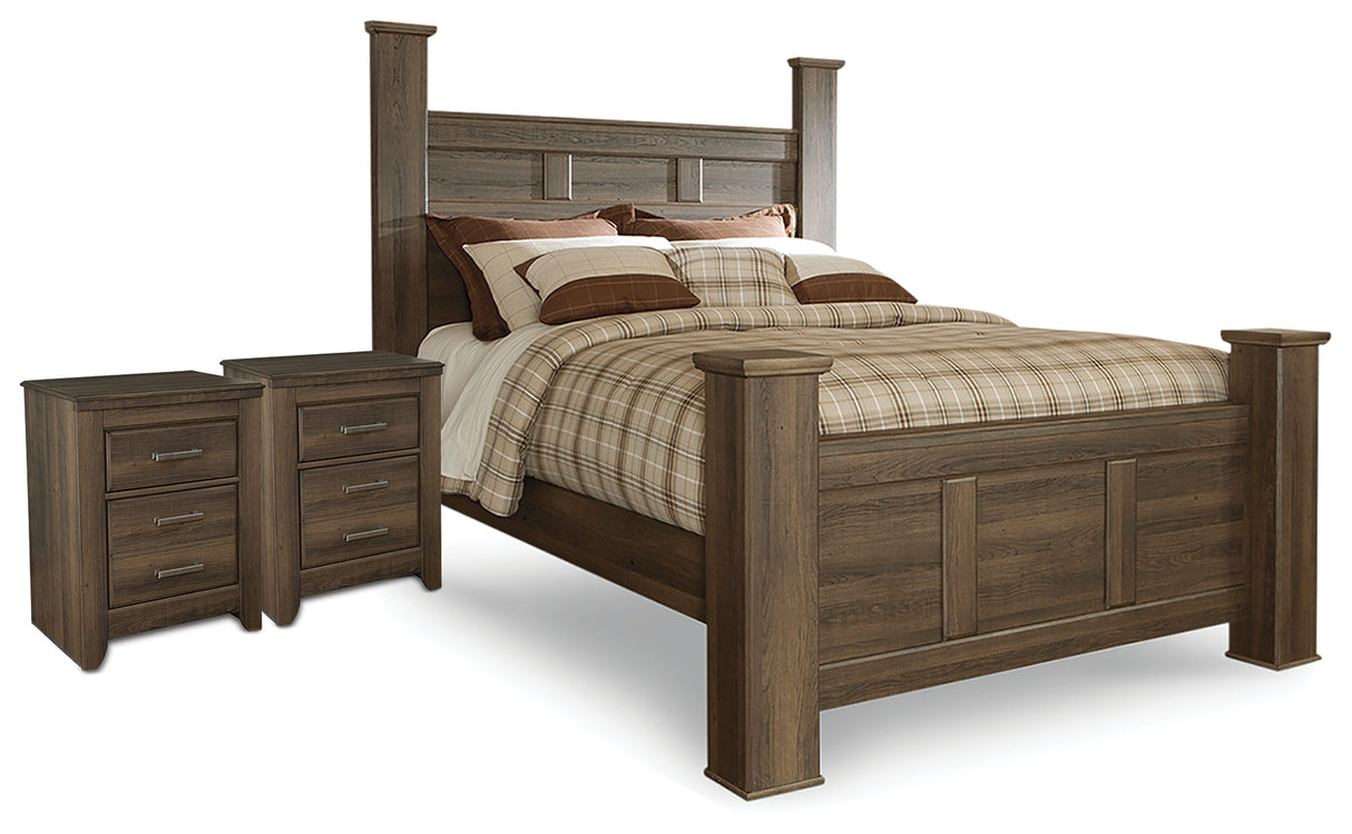 Juararo Dark Brown Queen Poster Bed and 2 Nightstands from Ashley Furniture - Luna Furniture
