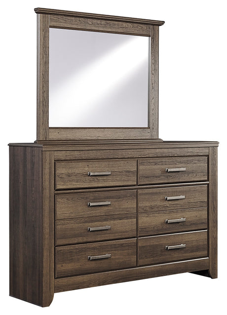 Juararo King Panel Bed with Mirrored Dresser, Chest and 2 Nightstands in Dark Brown from Ashley - Luna Furniture