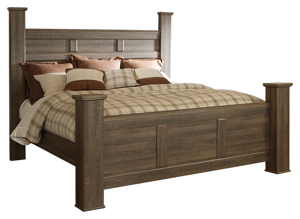 Juararo King Poster Bed with Mirrored Dresser, Chest and 2 Nightstands in Dark Brown from Ashley Furniture - Luna Furniture