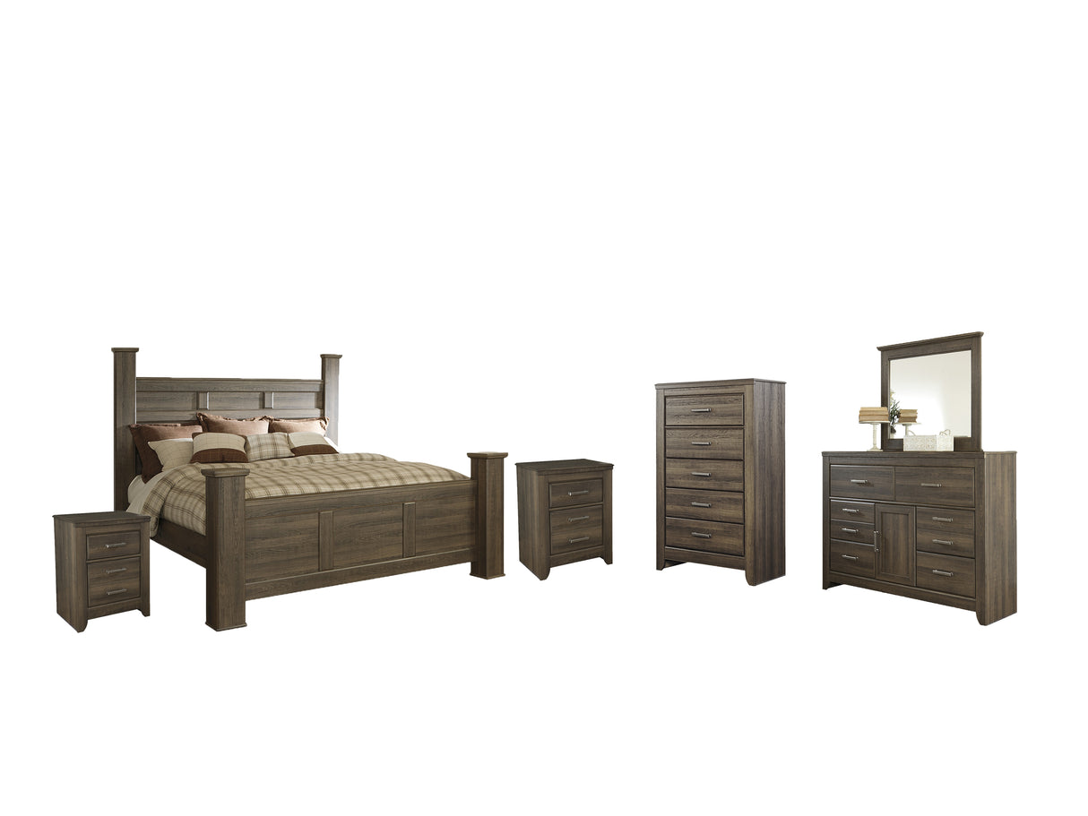 Juararo King Poster Bed with Mirrored Dresser, Chest and 2 Nightstands in Dark Brown from Ashley Furniture - Luna Furniture