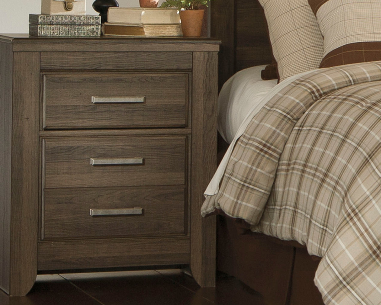Juararo King Poster Bed with Mirrored Dresser, Chest and 2 Nightstands in Dark Brown from Ashley Furniture - Luna Furniture