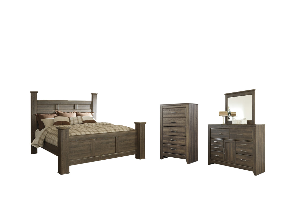 Juararo King Poster Bed with Mirrored Dresser and Chest in Dark Brown from Ashley Furniture - Luna Furniture