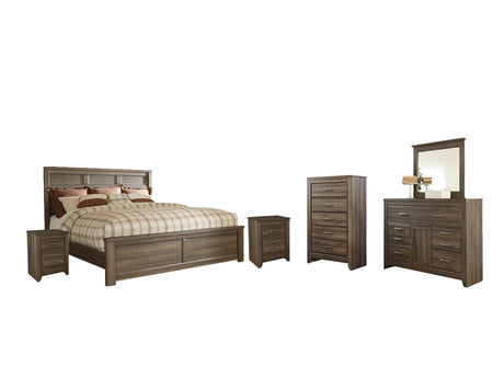 Juararo Queen Panel Bed with Mirrored Dresser, Chest and 2 Nightstands in Dark Brown from Ashley - Luna Furniture
