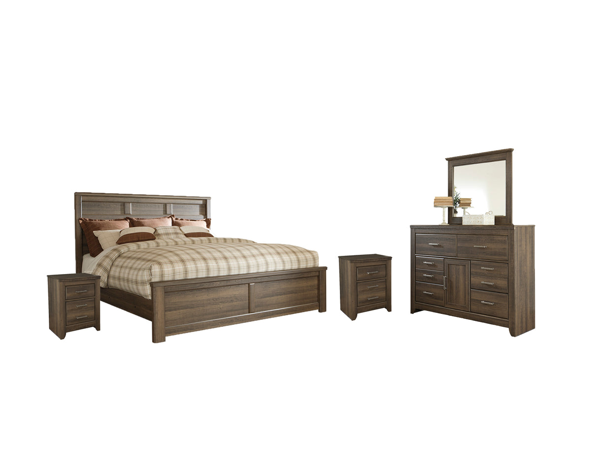 Juararo Queen Panel Bed with Mirrored Dresser and 2 Nightstands in Dark Brown from Ashley - Luna Furniture