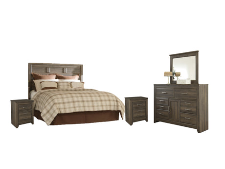 Juararo Queen Panel Headboard Bed with Mirrored Dresser and 2 Nightstands in Dark Brown from Ashley - Luna Furniture