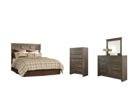 Juararo Queen Panel Headboard Bed with Mirrored Dresser and Chest in Dark Brown from Ashley - Luna Furniture