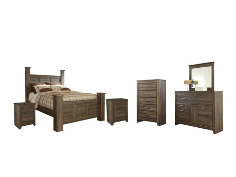 Juararo Queen Poster Bed with Mirrored Dresser, Chest and 2 Nightstands in Dark Brown from Ashley - Luna Furniture