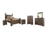 Juararo Queen Poster Bed with Mirrored Dresser, Chest and 2 Nightstands in Dark Brown from Ashley - Luna Furniture