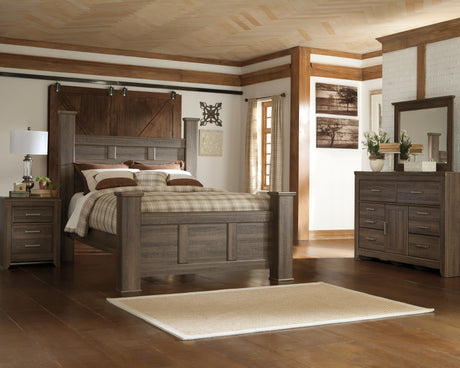 Juararo Queen Poster Headboard with Mirrored Dresser and Nightstand in Dark Brown from Ashley Furniture - Luna Furniture
