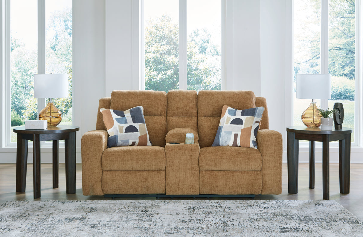 Kanlow Honey Reclining Loveseat with Console from Ashley - Luna Furniture