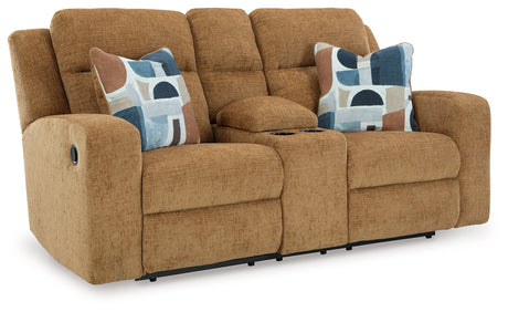 Kanlow Honey Reclining Loveseat with Console from Ashley Furniture - Luna Furniture