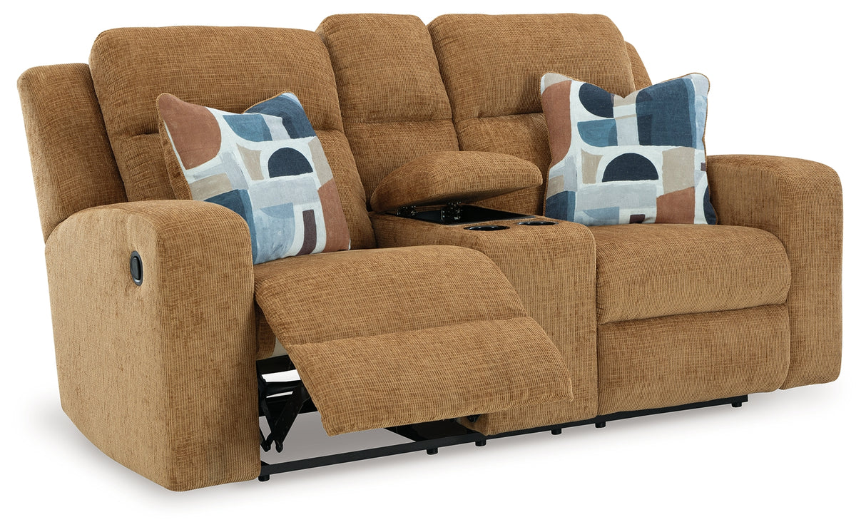 Kanlow Honey Reclining Loveseat with Console from Ashley - Luna Furniture