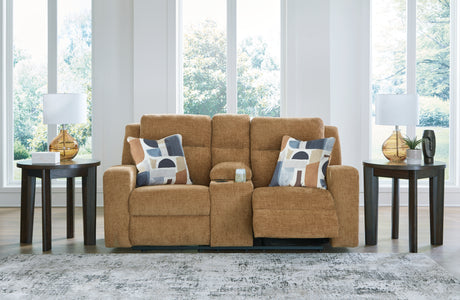 Kanlow Honey Reclining Loveseat with Console from Ashley Furniture - Luna Furniture