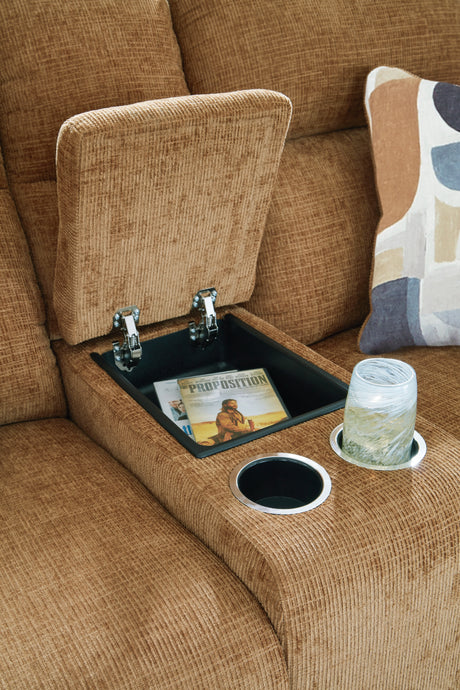 Kanlow Honey Reclining Loveseat with Console from Ashley Furniture - Luna Furniture