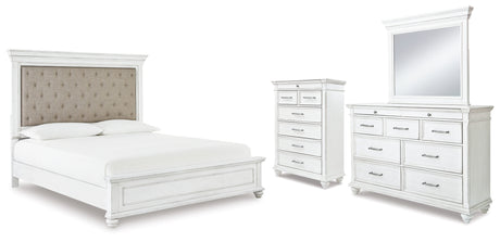 Kanwyn California King Panel Bed with Mirrored Dresser and Chest in Whitewash from Ashley - Luna Furniture