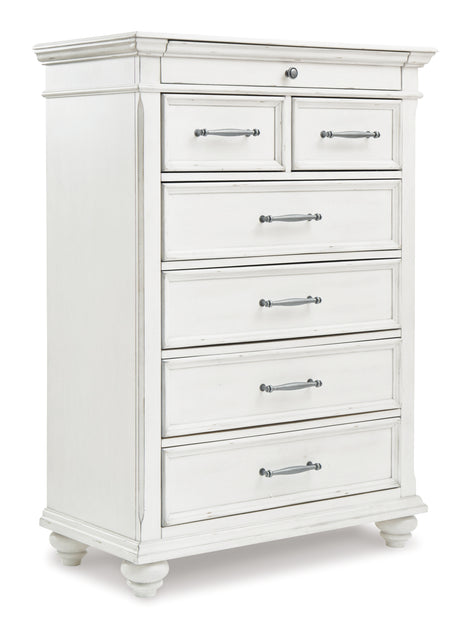 Kanwyn King Panel Bed with Mirrored Dresser and Chest in Whitewash from Ashley - Luna Furniture