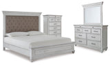 Kanwyn King Panel Bed with Mirrored Dresser and Chest in Whitewash from Ashley - Luna Furniture