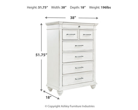 Kanwyn King Panel Bed with Mirrored Dresser and Chest in Whitewash from Ashley - Luna Furniture