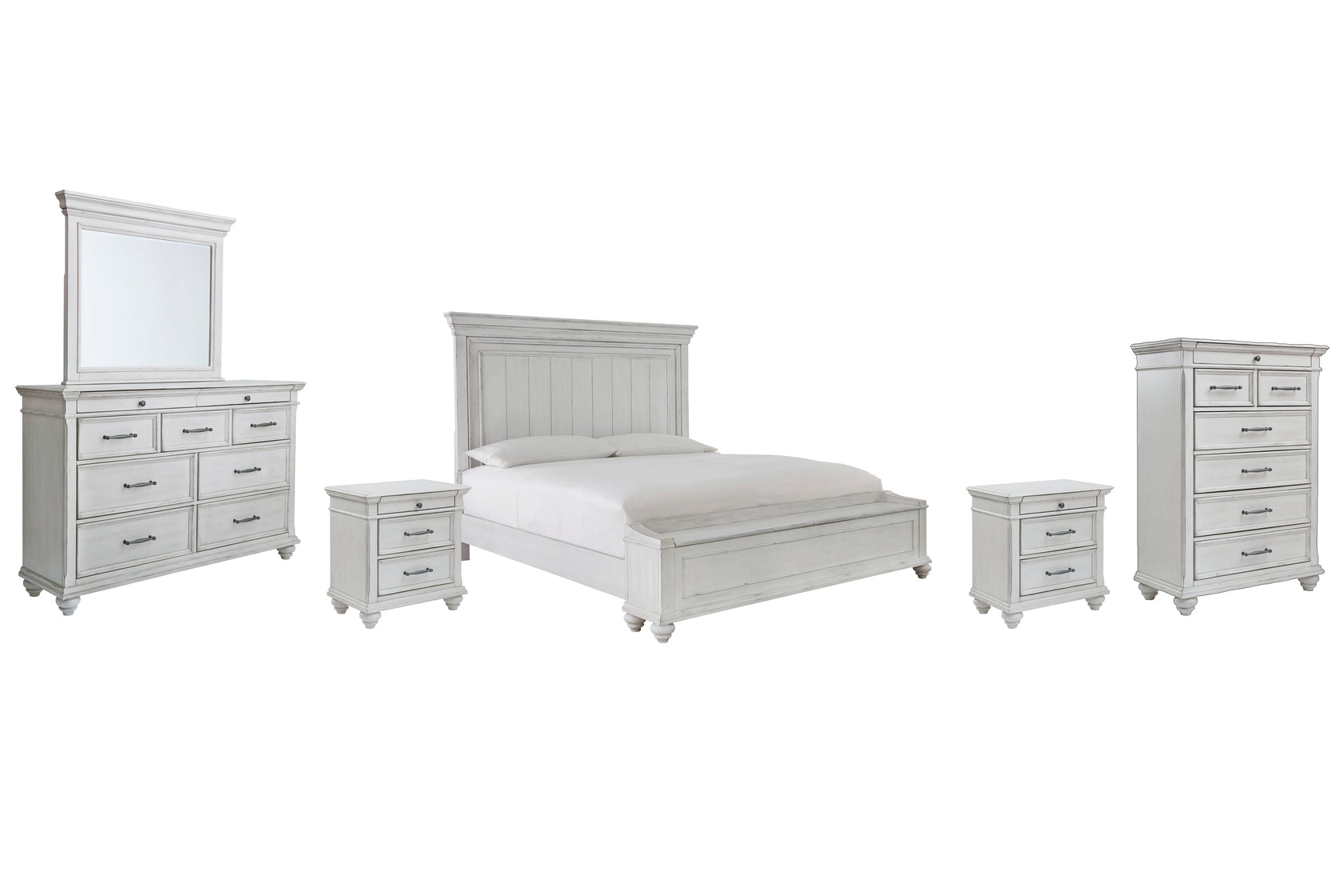 Kanwyn King Panel Bed with Storage with Mirrored Dresser, Chest and 2 Nightstands in Whitewash from Ashley - Luna Furniture