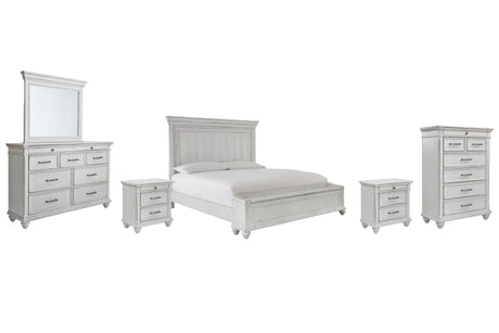 Kanwyn King Panel Bed with Storage with Mirrored Dresser, Chest and 2 Nightstands in Whitewash from Ashley - Luna Furniture
