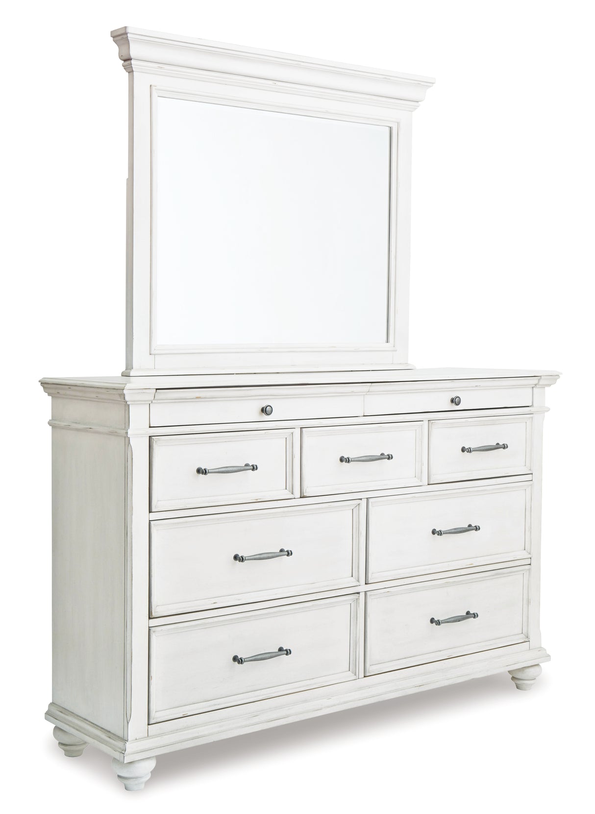 Kanwyn King Panel Bed with Storage with Mirrored Dresser and 2 Nightstands in Whitewash from Ashley - Luna Furniture