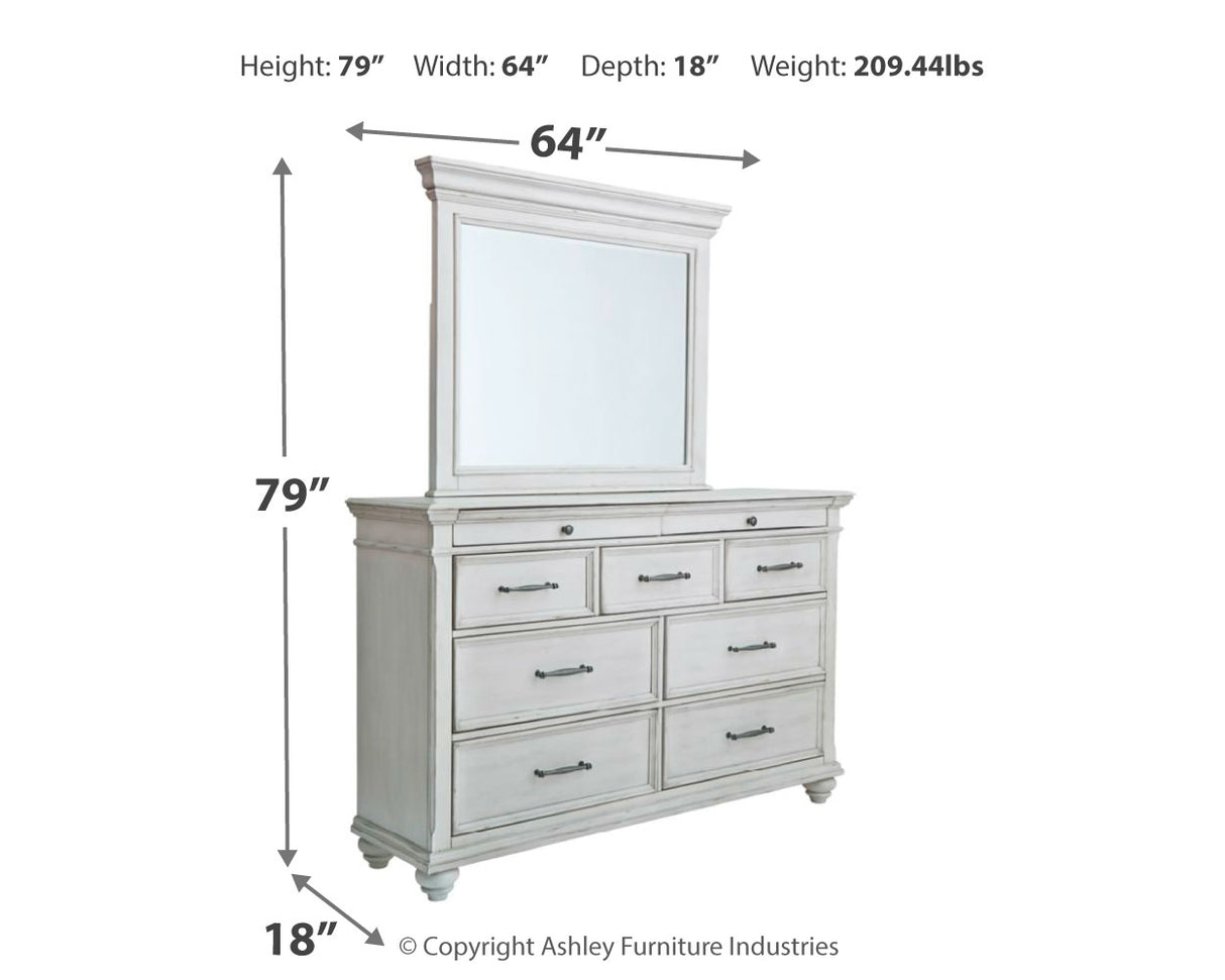Kanwyn King Panel Bed with Storage with Mirrored Dresser and 2 Nightstands in Whitewash from Ashley - Luna Furniture