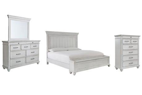 Kanwyn King Panel Bed with Storage with Mirrored Dresser and Chest in Whitewash from Ashley - Luna Furniture