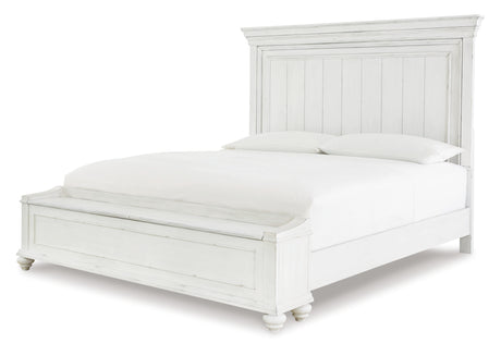 Kanwyn King Panel Bed with Storage with Mirrored Dresser and Chest in Whitewash from Ashley - Luna Furniture