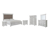 Kanwyn Queen Panel Bed with Mirrored Dresser, Chest and 2 Nightstands in Whitewash from Ashley - Luna Furniture
