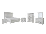 Kanwyn Queen Panel Bed with Mirrored Dresser, Chest and 2 Nightstands in Whitewash from Ashley - Luna Furniture