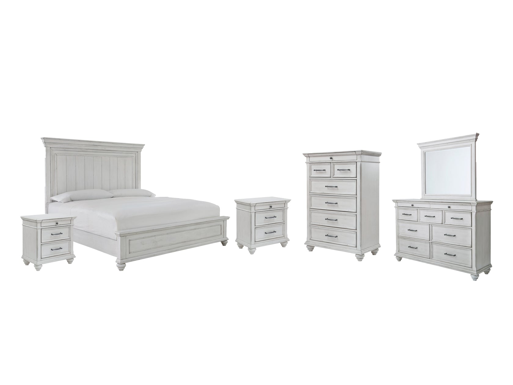Kanwyn Queen Panel Bed with Mirrored Dresser, Chest and 2 Nightstands in Whitewash from Ashley - Luna Furniture
