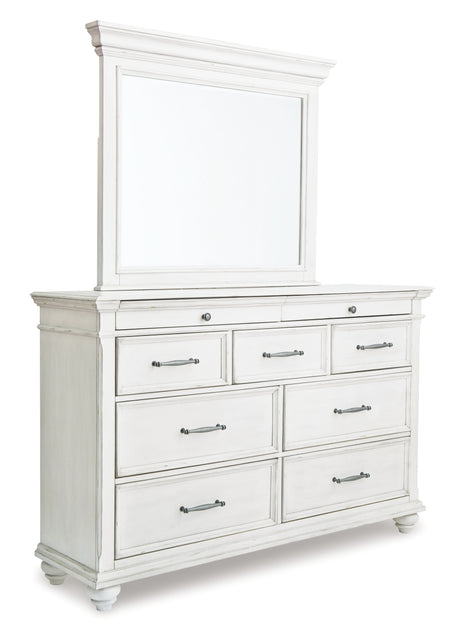 Kanwyn Queen Panel Bed with Mirrored Dresser and 2 Nightstands in Whitewash from Ashley - Luna Furniture