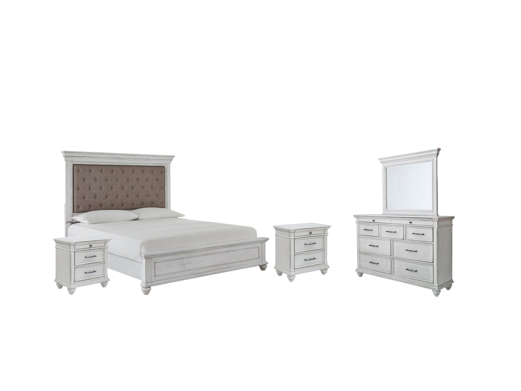 Kanwyn Queen Panel Bed with Mirrored Dresser and 2 Nightstands in Whitewash from Ashley - Luna Furniture