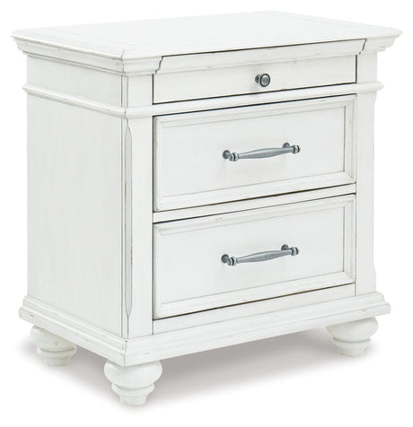 Kanwyn Queen Panel Bed with Mirrored Dresser and 2 Nightstands in Whitewash from Ashley - Luna Furniture