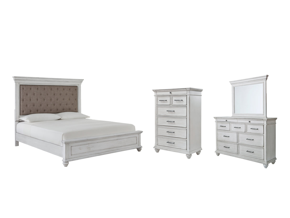 Kanwyn Queen Panel Bed with Mirrored Dresser and Chest in Whitewash from Ashley - Luna Furniture
