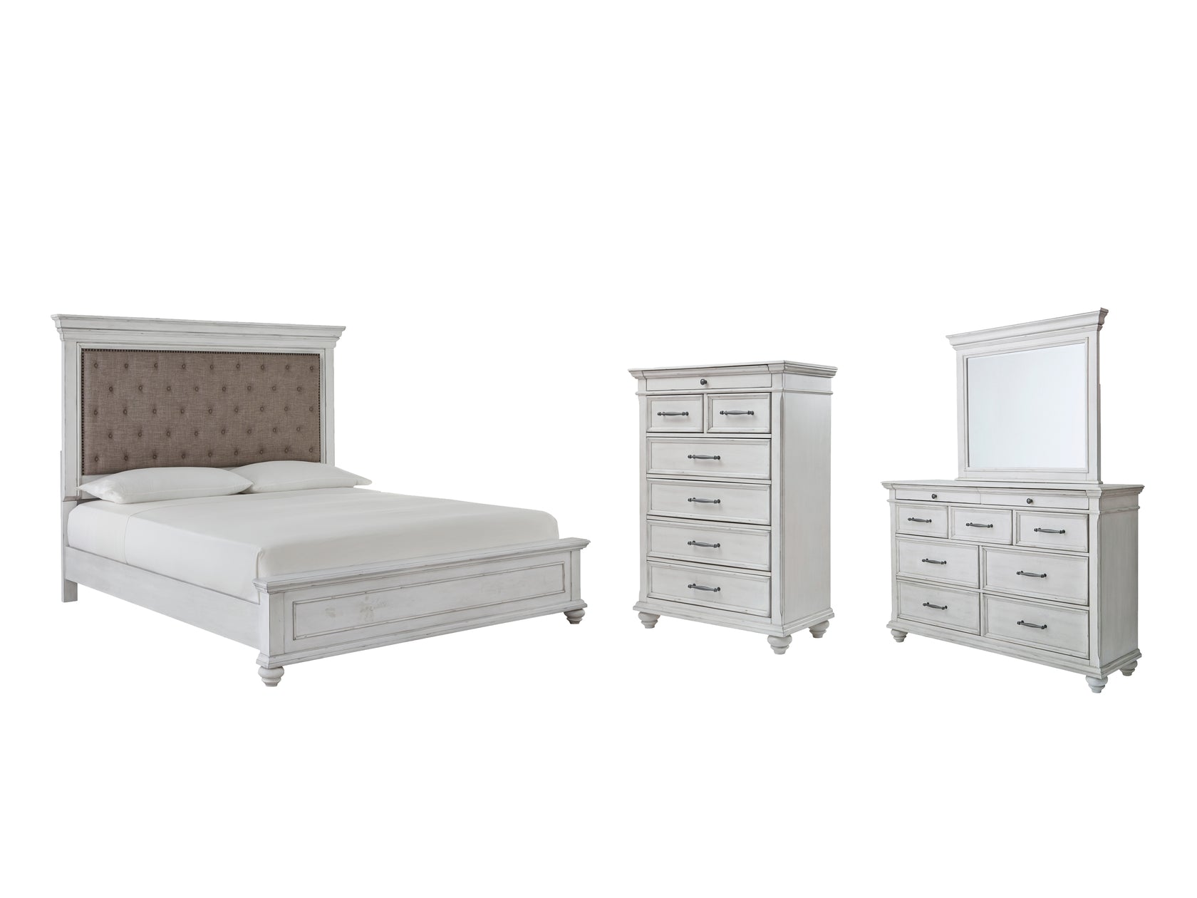 Kanwyn Queen Panel Bed with Mirrored Dresser and Chest in Whitewash from Ashley - Luna Furniture