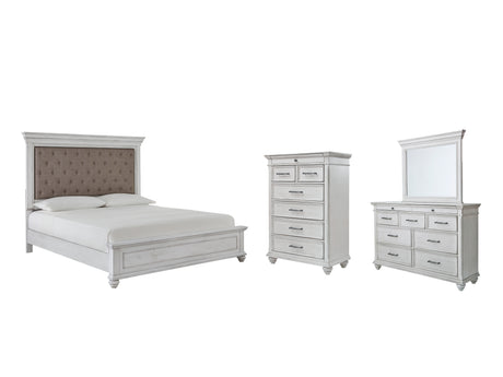 Kanwyn Queen Panel Bed with Mirrored Dresser and Chest in Whitewash from Ashley - Luna Furniture