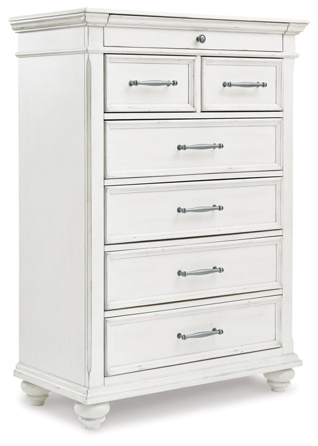 Kanwyn Queen Panel Bed with Mirrored Dresser and Chest in Whitewash from Ashley - Luna Furniture