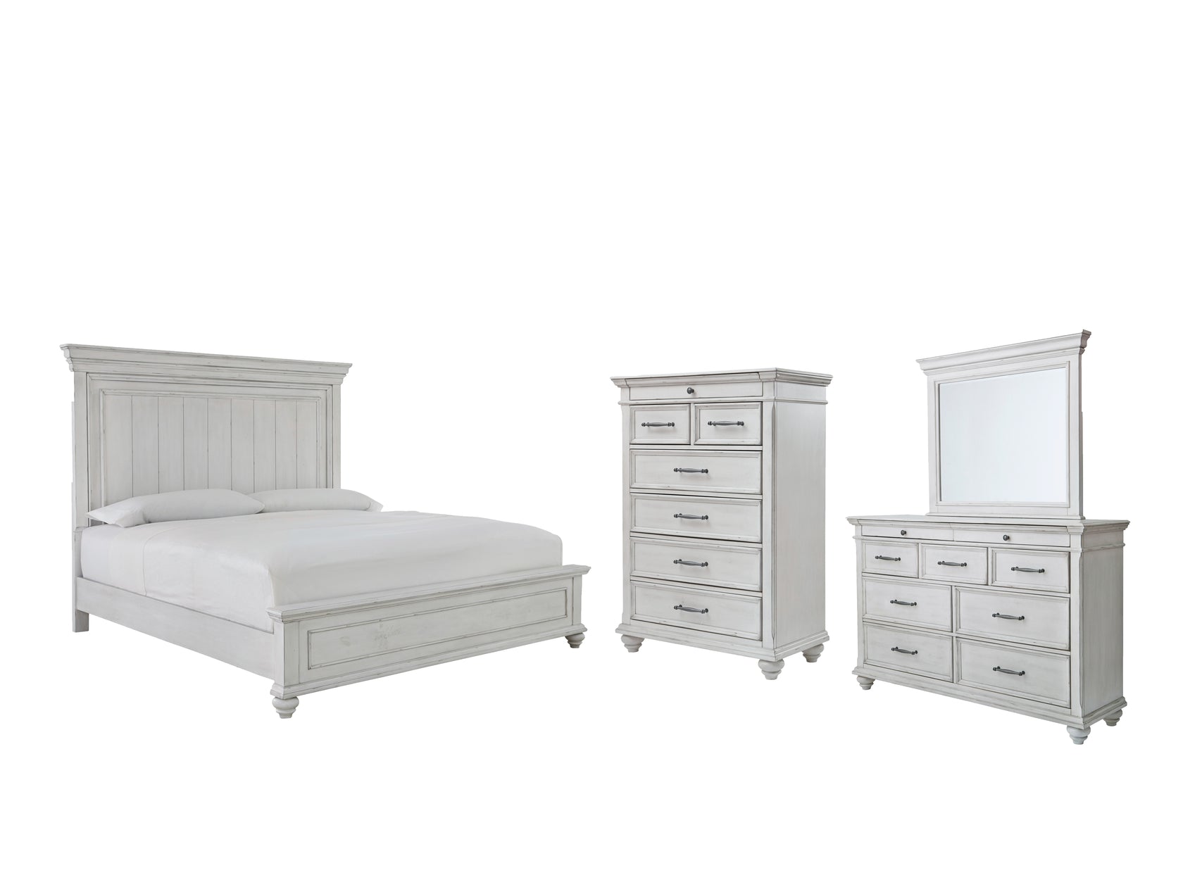 Kanwyn Queen Panel Bed with Mirrored Dresser and Chest in Whitewash from Ashley - Luna Furniture