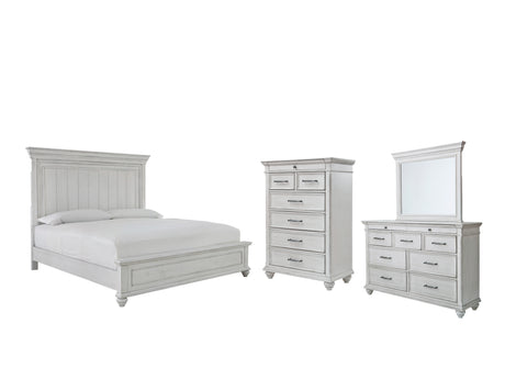 Kanwyn Queen Panel Bed with Mirrored Dresser and Chest in Whitewash from Ashley - Luna Furniture