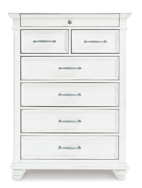 Kanwyn Queen Panel Bed with Mirrored Dresser and Chest in Whitewash from Ashley - Luna Furniture