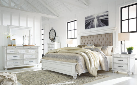 Kanwyn Queen Panel Bed with Mirrored Dresser and Chest in Whitewash from Ashley - Luna Furniture